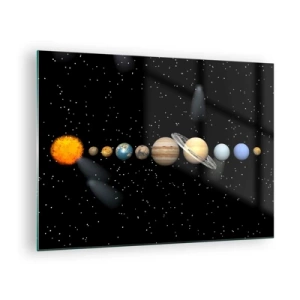 Glasbild - Bild auf glas - Das Sonnensystem vor dem Hintergrund der Sterne im Weltraum - 70x50cm - Und die Planeten werden verrückt und toben ... - Moderne Wanddekoration für Wohnzimmer und Schlafzimmer ARTTOR
