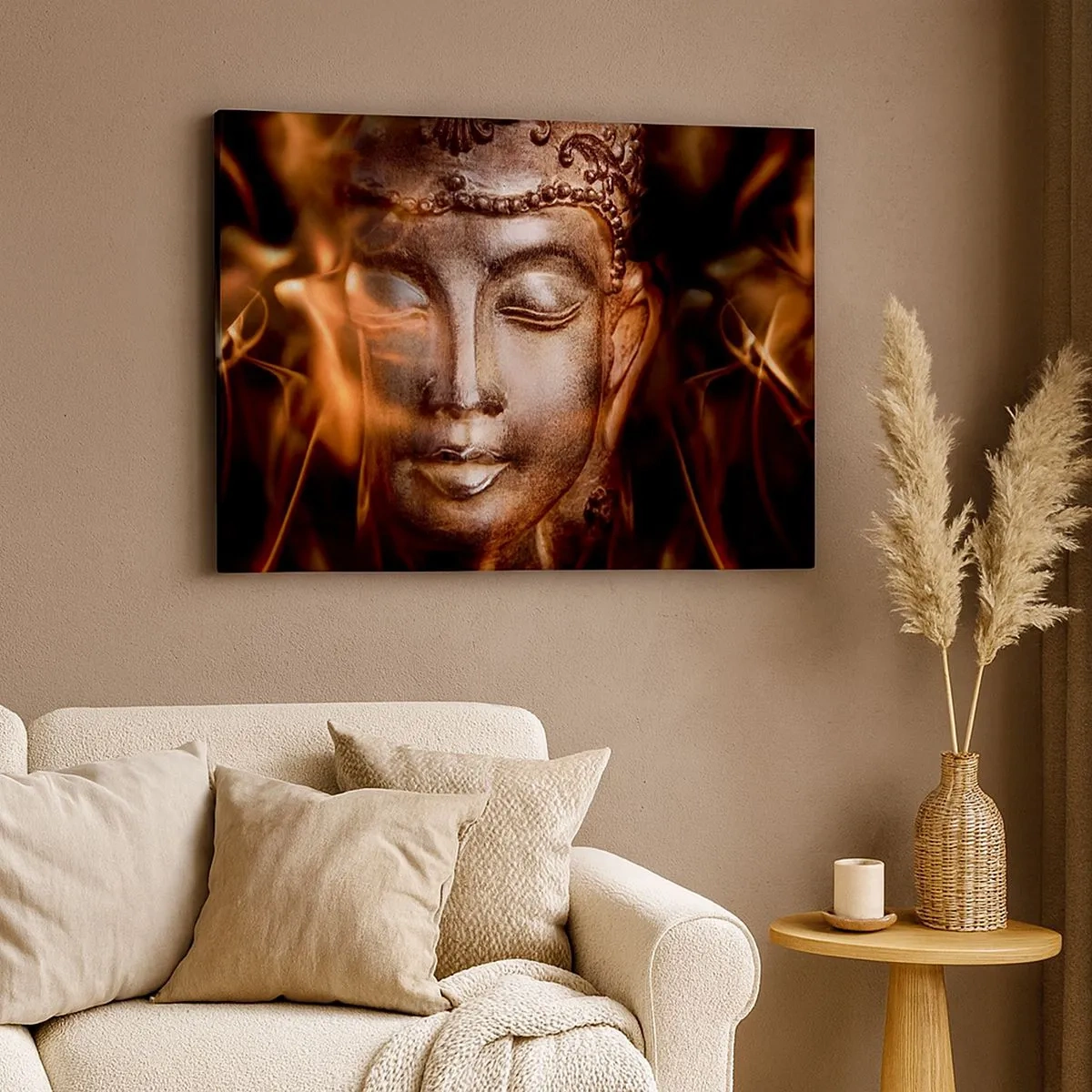 Bild auf Leinwand - Leinwandbild - Eine Buddha-Statue inmitten von Flammen in goldenen Farbtönen - 70x50cm - Es existiert nur hier und jetzt - Moderne Wanddekoration für Wohnzimmer und Schlafzimmer ARTTOR