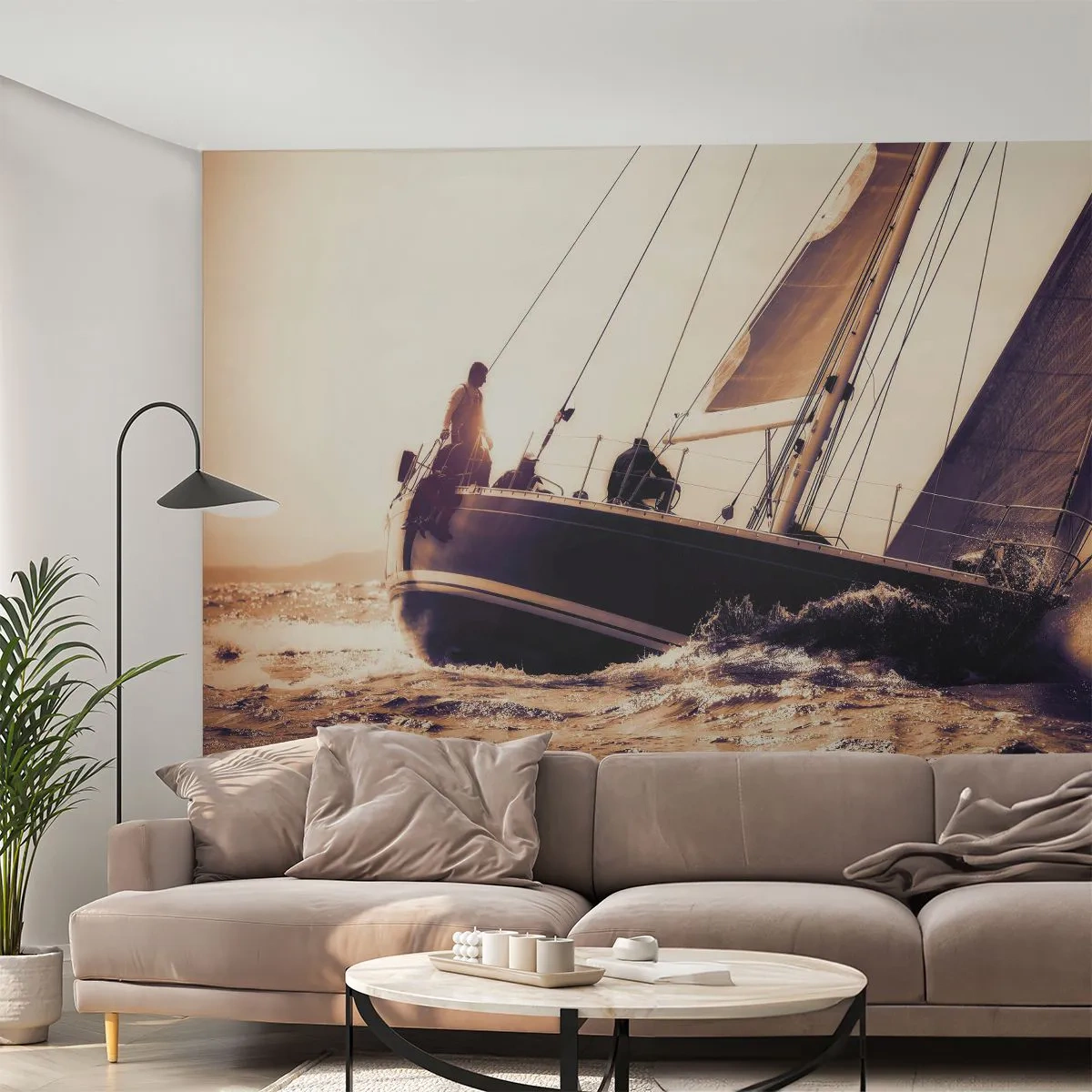 Fototapete Premium Sand - Ein Segelboot auf stürmischer See im Licht der untergehenden Sonne - 100x70cm - Segle, Seemann - Moderne Wanddekoration für Wohnzimmer und Schlafzimmer ARTTOR