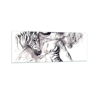Glasbild - Bild auf glas - Eine Frau in einem dynamischen Tanz mit Zebras in einer Schwarz-Weiß-Ästhetik - 140x50cm - Tanzen mit den Zebras - Moderne Wanddekoration für Wohnzimmer und Schlafzimmer ARTTOR