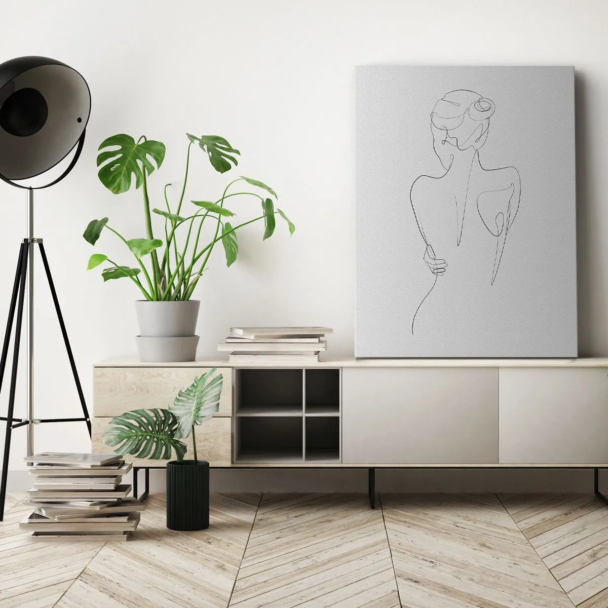 Bild auf Leinwand - Leinwandbild - Eine Konturlinie, die eine weibliche Silhouette vor einem hellen Hintergrund zeigt - 50x70cm - Körpermusik - Moderne Wanddekoration für Wohnzimmer und Schlafzimmer ARTTOR