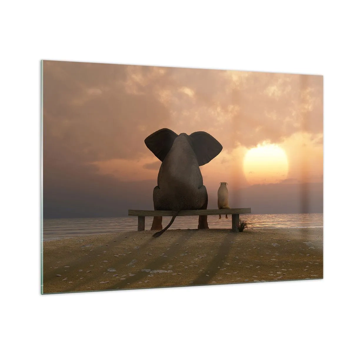 Glasbild - Bild auf glas - Elefant und Hund auf einer Bank bei Sonnenuntergang - 100x70cm - Es tut gut zusammen zu schweigen - Moderne Wanddekoration für Wohnzimmer und Schlafzimmer ARTTOR