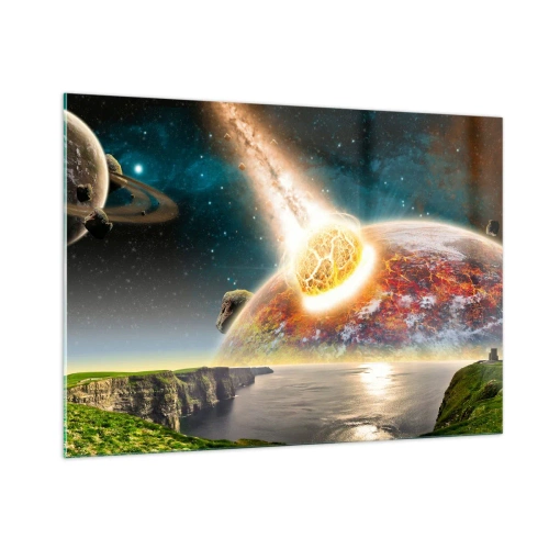 Glasbild - Bild auf glas - Ein Meteorit kollidiert im Weltraum mit einem Planeten. - 100x70cm - Kosmisches Drama - Moderne Wanddekoration für Wohnzimmer und Schlafzimmer ARTTOR