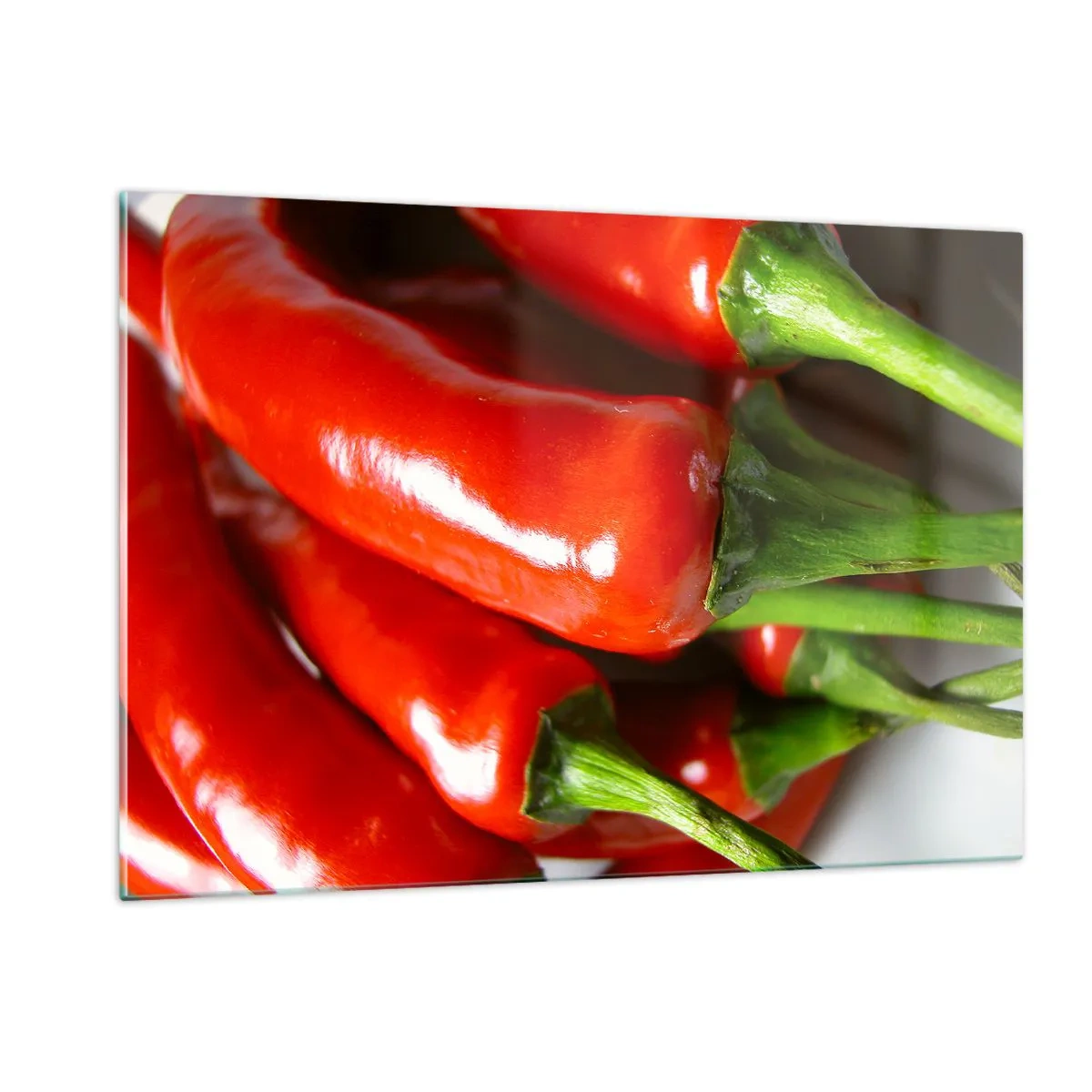 Glasbild - Bild auf glas - Rote Chilischoten mit grünen Stielen - 120x80cm - Saftig, glänzend, glatt - Moderne Wanddekoration für Wohnzimmer und Schlafzimmer ARTTOR
