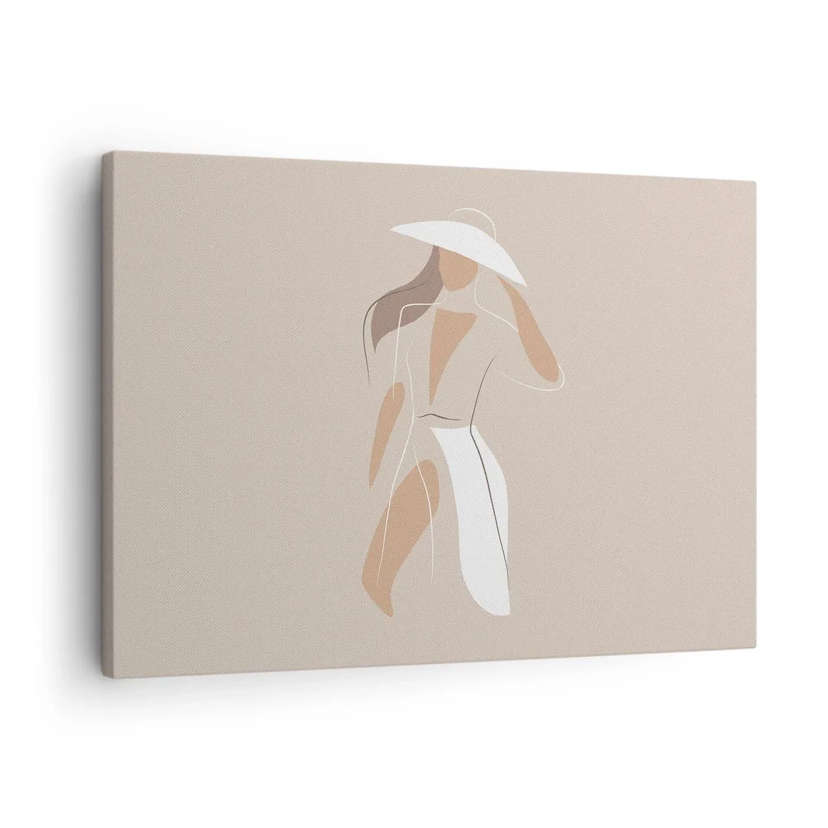 Bild auf Leinwand - Leinwandbild - Eine minimalistische Zeichnung einer Frau mit Hut auf beigem Hintergrund. - 70x50cm - Mode macht Spaß - Moderne Wanddekoration für Wohnzimmer und Schlafzimmer ARTTOR