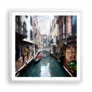 Poster in einem weißen Rahmen - Venezianische Landschaft mit Gondel und Brücke - 60x60 cm