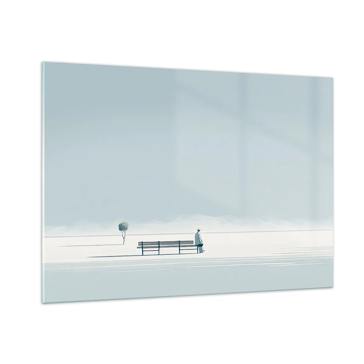 Glasbild - Bild auf glas - Eine Figur auf einer Bank in einer minimalistischen Landschaft - 100x70cm - Ja, ich warte. - Moderne Wanddekoration für Wohnzimmer und Schlafzimmer ARTTOR