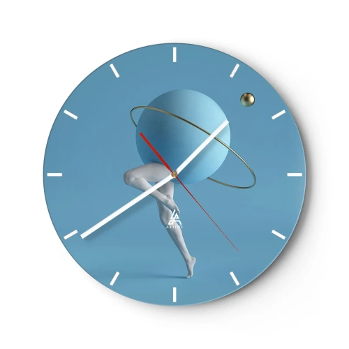 Wanduhr - Glasuhr - Eine surreale Figur mit einer Planetenkugel vor dem Himmel - 30x30cm - Und die Planeten spielen verrückt - Moderne Wanddekoration für Wohnzimmer, Küche und Schlafzimmer ARTTOR
