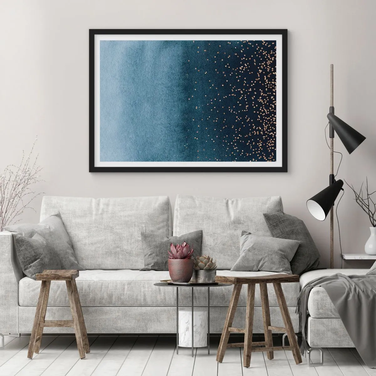 Poster in einem schwarzem Rahmen - Blaue Farbverläufe mit dezenten Goldakzenten - 70x50cm - Komposition - blaue Phasen - Moderne Wanddekoration für Wohnzimmer und Schlafzimmer ARTTOR