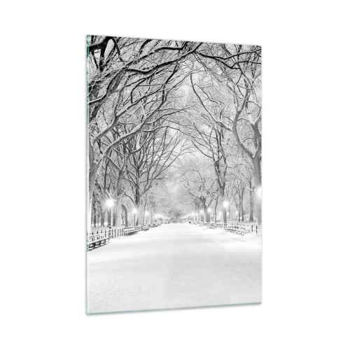 Glasbild - Bild auf glas - Winterbaumallee im Park mit Lichtern und Schnee - 50x70cm - Vier Jahreszeiten - Winter - Moderne Wanddekoration für Wohnzimmer und Schlafzimmer ARTTOR