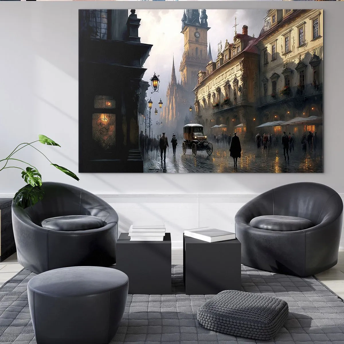 Glasbild - Bild auf glas - Eine historische Straße, die in der Abenddämmerung von Laternen beleuchtet wird - 70x50cm - Charme eines Prager Abends - Moderne Wanddekoration für Wohnzimmer und Schlafzimmer ARTTOR