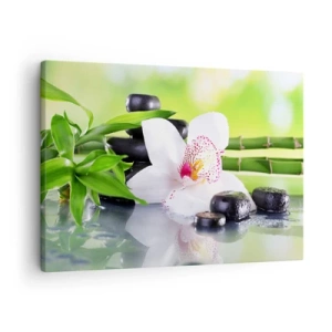 Bild auf Leinwand - Leinwandbild - Orchidee, Steine und Bambus in einer harmonischen Spa-Komposition - 70x50cm - Kühle Frische - Moderne Wanddekoration für Wohnzimmer und Schlafzimmer ARTTOR