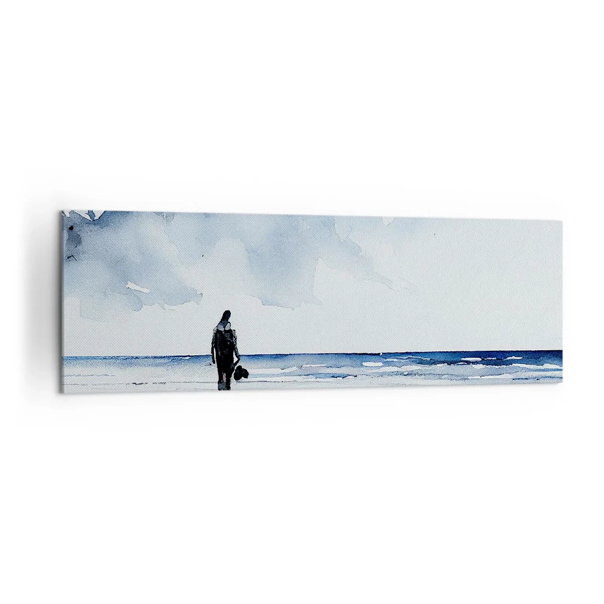 Bild auf Leinwand - Leinwandbild - Eine Figur an einem Strand in einer ruhigen Meeresumgebung - 160x50cm - Gespräch mit dem Meer - Moderne Wanddekoration für Wohnzimmer und Schlafzimmer ARTTOR