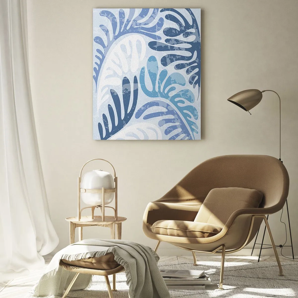 Glasbild - Bild auf glas - Abstrakte Formen in Blautönen auf weißem Hintergrund - 80x120cm - Blaue Farne - Moderne Wanddekoration für Wohnzimmer und Schlafzimmer ARTTOR