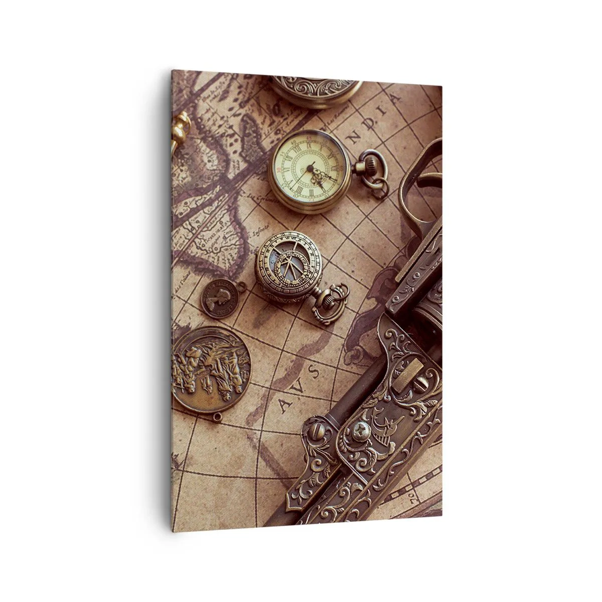 Bild auf Leinwand - Leinwandbild - Antike Gegenstände auf einer alten Karte im Retro-Stil - 80x120cm - Das Abenteuer ruft - Moderne Wanddekoration für Wohnzimmer und Schlafzimmer ARTTOR