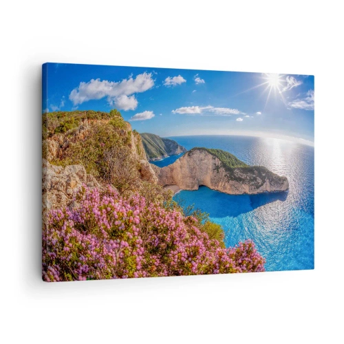Bild auf Leinwand - Leinwandbild - Eine Klippe mit Blumen, ein türkisfarbenes Meer und eine sonnige griechische Landschaft - 70x50cm - Mein toller Griechenlandurlaub - Moderne Wanddekoration für Wohnzimmer und Schlafzimmer ARTTOR