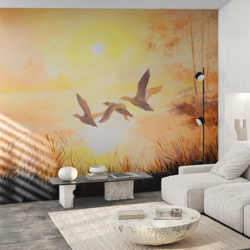 Fototapete Premium Canvas - Der Beginn einer langen Reise - Natur, Wilde Ente, Landschaft - 200x140 cm