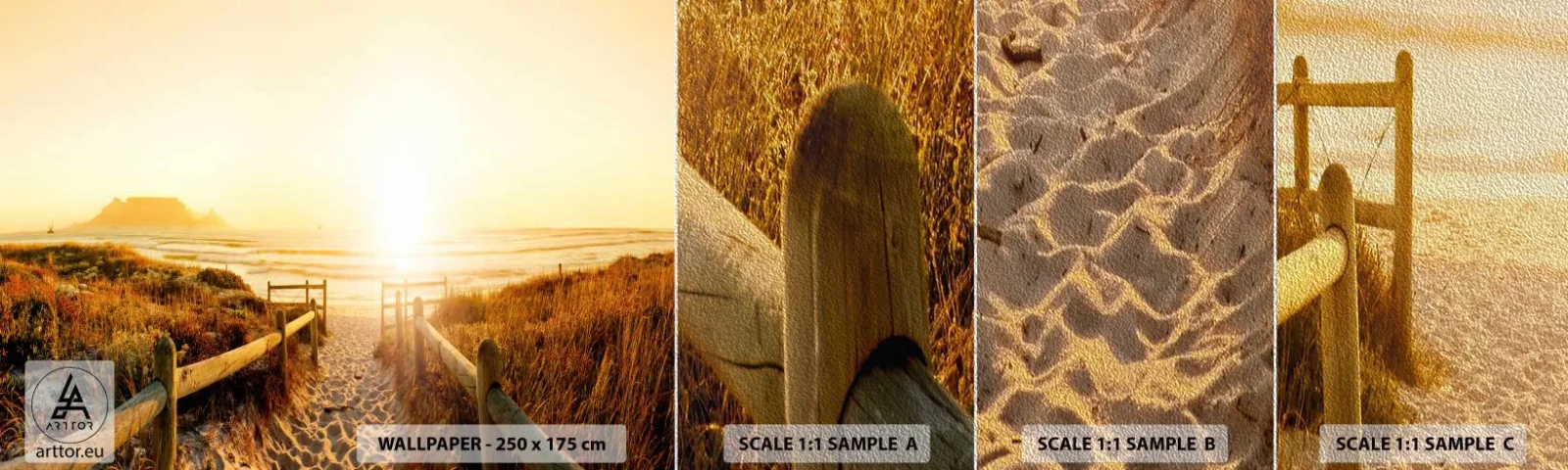 Fototapeten Muster Premium Sand - Über die Düne, der Sonne entgegen - Landschaft, Strand, Sonnenuntergang - 100x30 cm