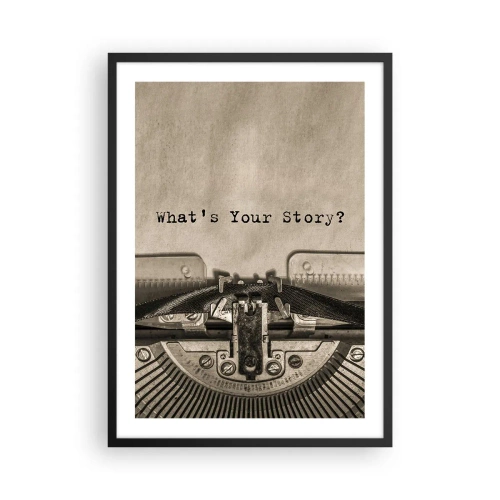 Poster in einem schwarzem Rahmen - Eine alte Schreibmaschine mit den Worten „What’s Your Story“ darauf - 50x70cm - Erzähl es mir - Moderne Wanddekoration für Wohnzimmer und Schlafzimmer ARTTOR