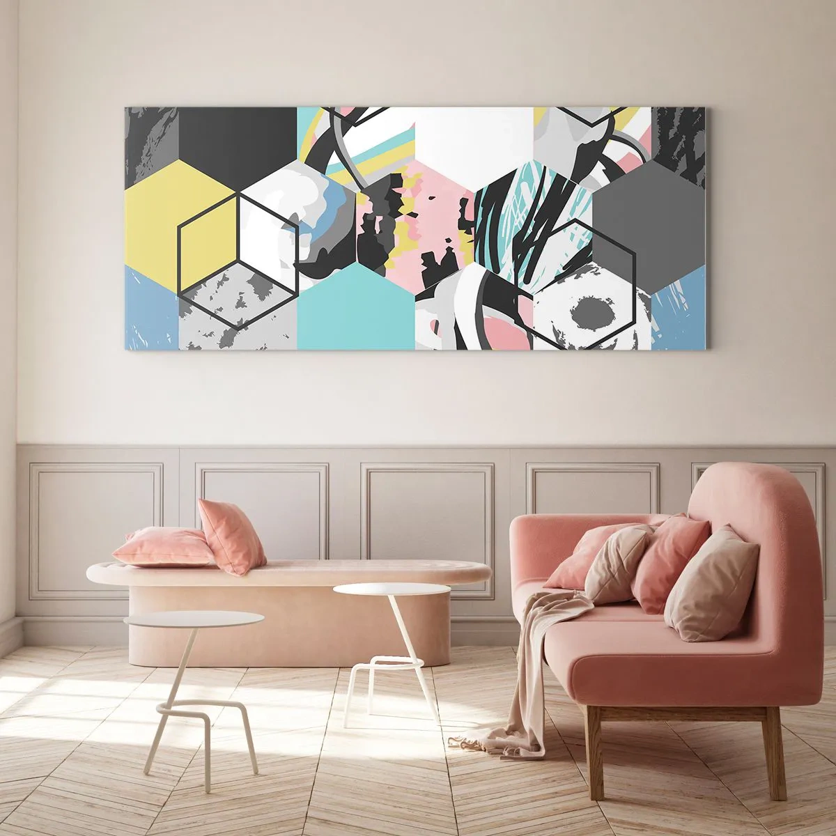 Glasbild - Bild auf glas - Sechsecke und Würfel in sechs Farben - 90x30 cm