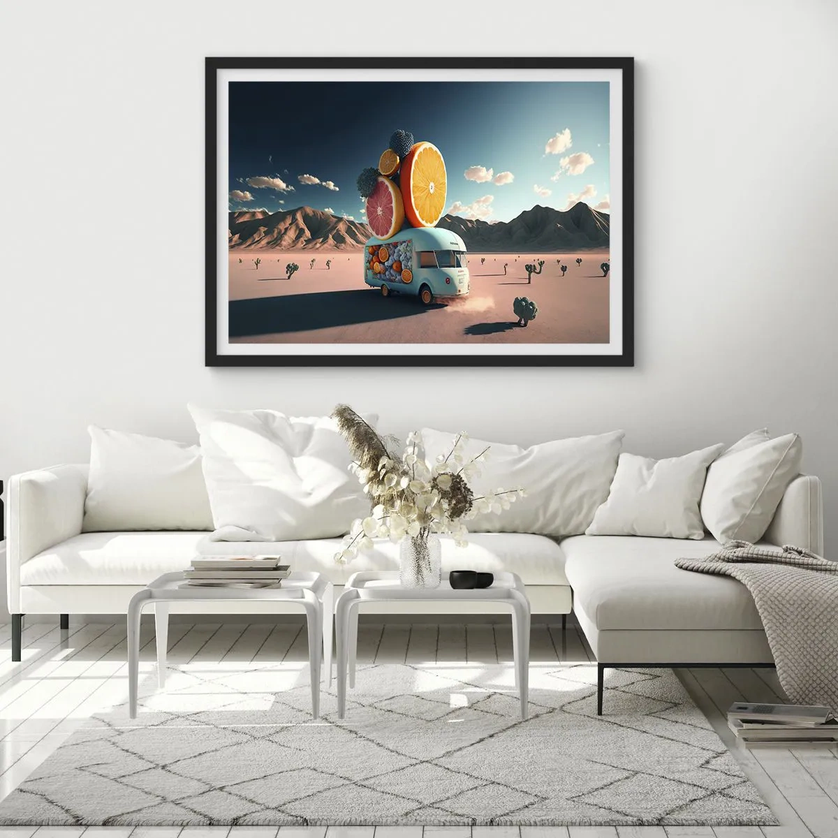 Poster in einem schwarzem Rahmen - Obstwagen in einer Wüstenlandschaft - 100x70cm - Geschmack von Urlaub - Moderne Wanddekoration für Wohnzimmer und Schlafzimmer ARTTOR