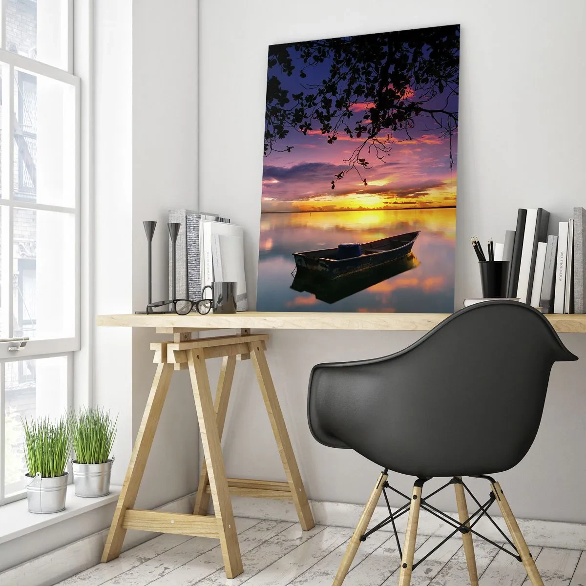 Glasbild - Bild auf glas - Ein Boot auf ruhigem Wasser bei Sonnenuntergang - 80x120cm - Du scheinst mitten am Himmel zu hängen... - Moderne Wanddekoration für Wohnzimmer und Schlafzimmer ARTTOR