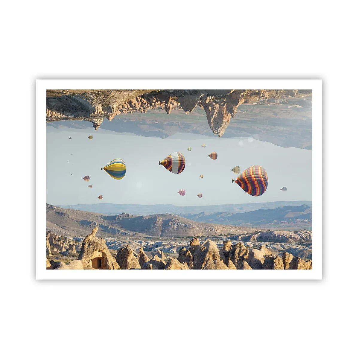 Poster - Bunte Ballons über einer felsigen Landschaft - 100x70cm - Hier ist alles möglich - Moderne Wanddekoration für Wohnzimmer und Schlafzimmer ARTTOR