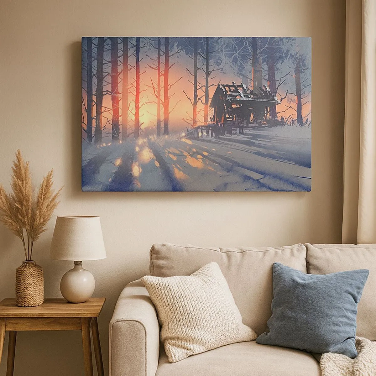 Bild auf Leinwand - Leinwandbild - Ein Waldhäuschen in einer Winterlandschaft mit den Strahlen der untergehenden Sonne - 70x50cm - Hier sieht nur die Sonne rein - Moderne Wanddekoration für Wohnzimmer und Schlafzimmer ARTTOR