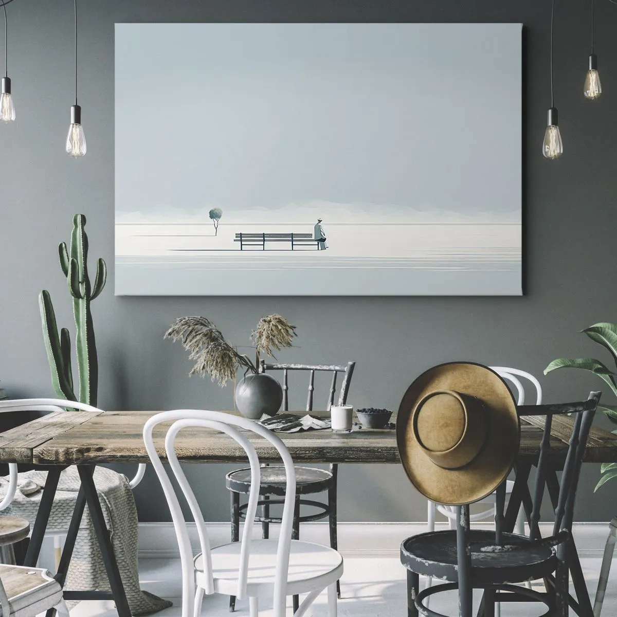 Bild auf Leinwand - Leinwandbild - Eine Person, die auf einer Bank in einer minimalistischen Landschaft sitzt - 70x50cm - Ja, ich warte. - Moderne Wanddekoration für Wohnzimmer und Schlafzimmer ARTTOR