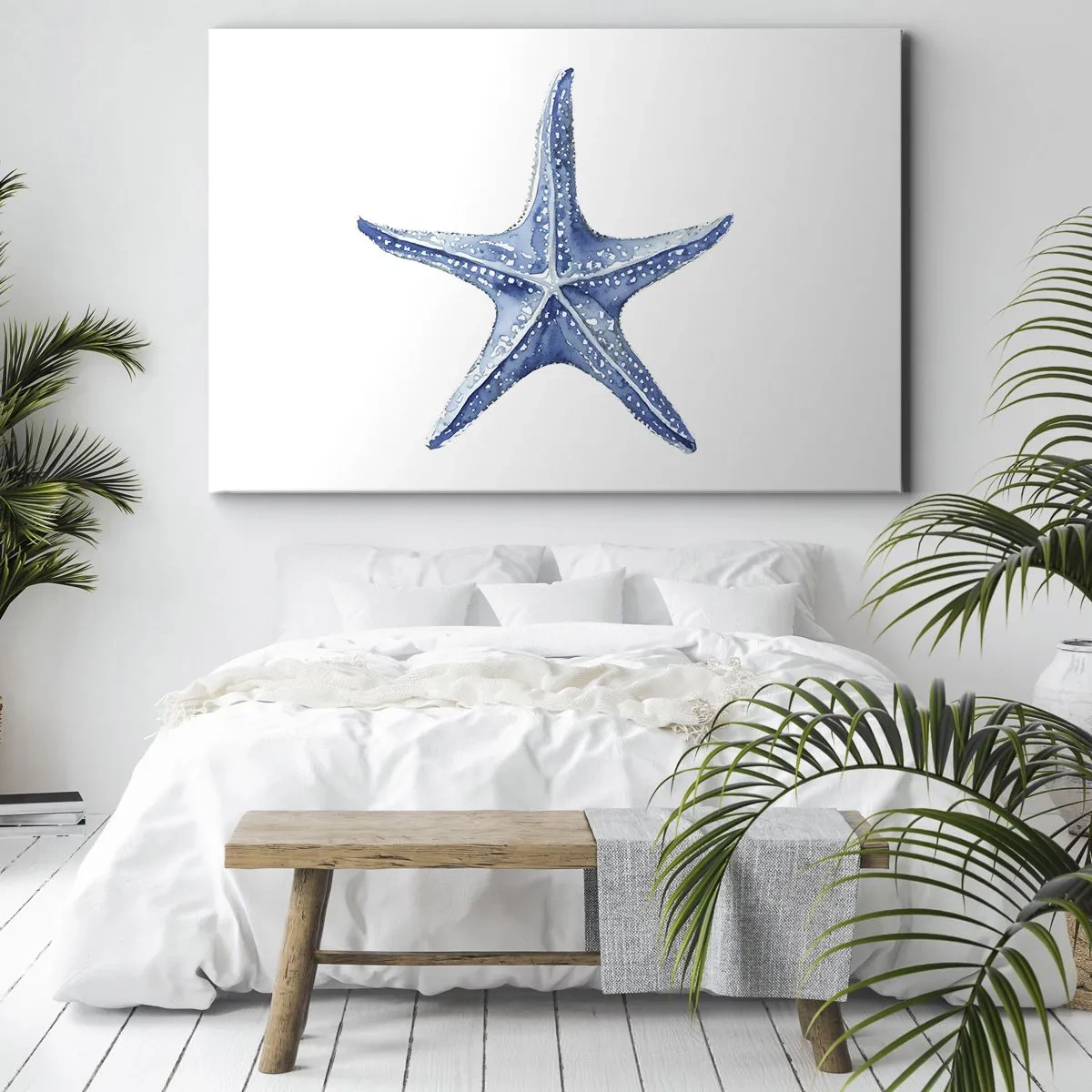Bild auf Leinwand - Leinwandbild - Blauer Seestern auf weißem Hintergrund im minimalistischen Stil - 70x50cm - Stern des Meeres - Moderne Wanddekoration für Wohnzimmer und Schlafzimmer ARTTOR