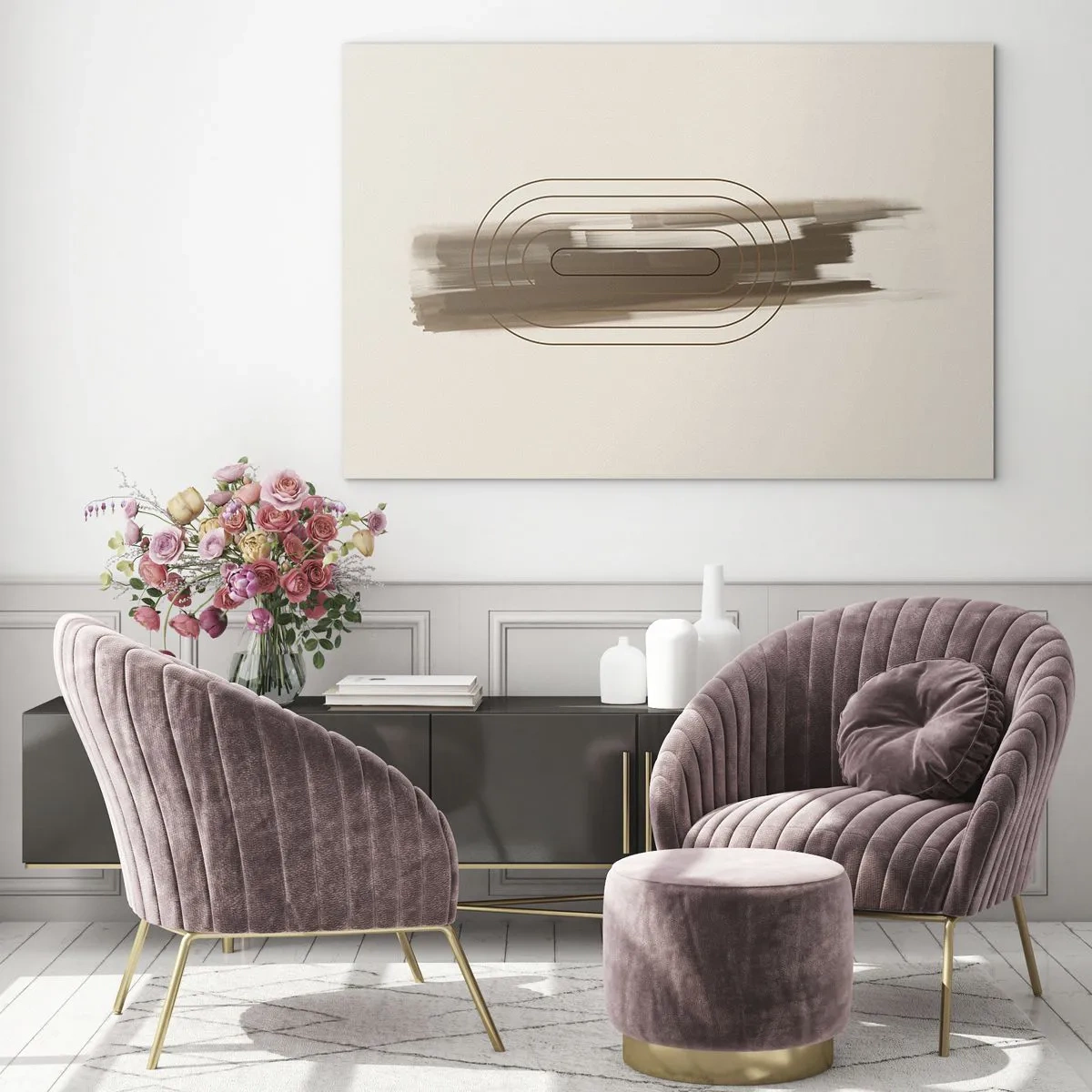 Glasbild - Bild auf glas - Abstraktion in Brauntönen mit minimalistischem Muster - 100x70cm - Ein Hauch von Grau - Moderne Wanddekoration für Wohnzimmer und Schlafzimmer ARTTOR