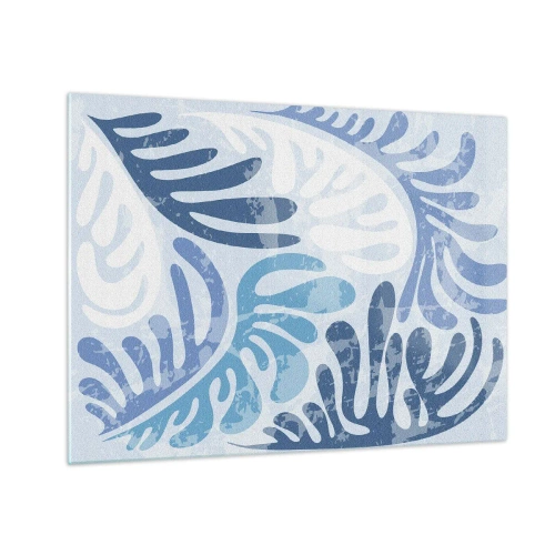 Glasbild - Bild auf glas - Dekorative Farnblätter in Blautönen auf hellem Untergrund - 70x50cm - Blaue Farne - Moderne Wanddekoration für Wohnzimmer und Schlafzimmer ARTTOR