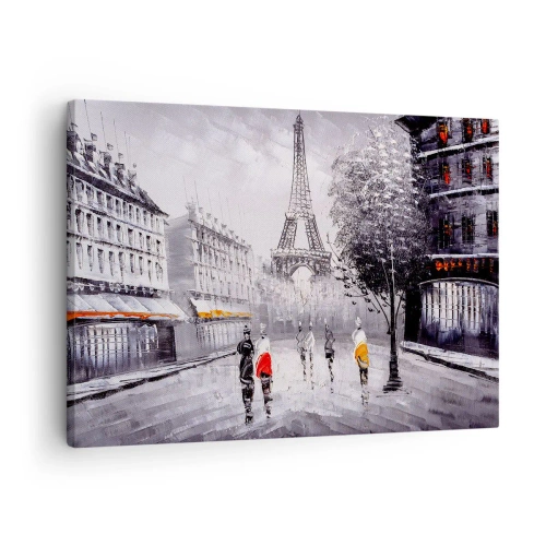 Bild auf Leinwand - Leinwandbild - Ein Blick auf den Eiffelturm in einer monochromen Umgebung mit Farbakzenten - 70x50cm - Pariser Spaziergang - Moderne Wanddekoration für Wohnzimmer und Schlafzimmer ARTTOR