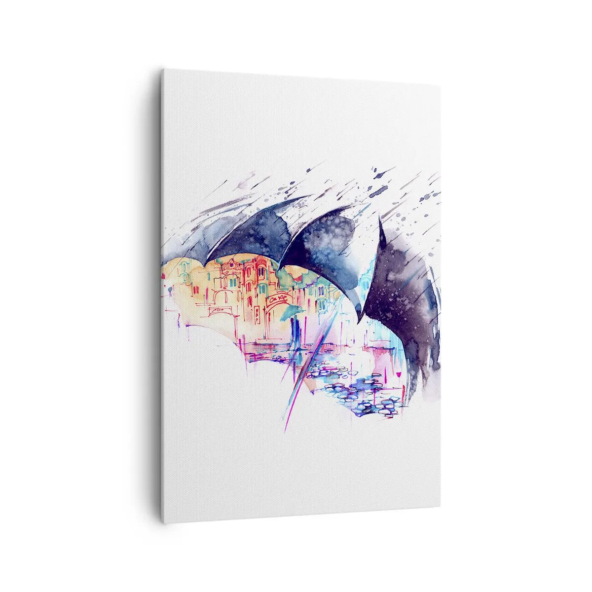 Bild auf Leinwand - Leinwandbild - Eine bunte Stadt, versteckt unter abstrakten Regenschirmen - 70x100cm - Im Regen spazieren gehen - Moderne Wanddekoration für Wohnzimmer und Schlafzimmer ARTTOR