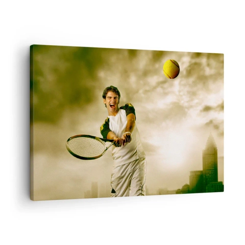 Bild auf Leinwand - Leinwandbild - Tennisspieler in Aktion während eines Spiels vor dem Hintergrund einer urbanen Landschaft - 70x50cm - Energie und Freude - Moderne Wanddekoration für Wohnzimmer und Schlafzimmer ARTTOR