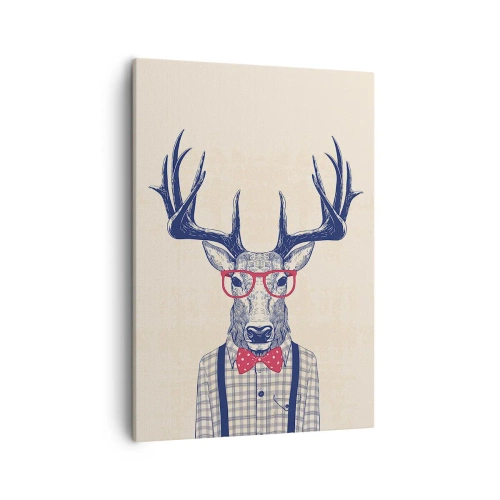 Bild auf Leinwand - Leinwandbild - Stilisierte Grafik eines Hirsches mit Brille und Fliege - 50x70cm - Eine lustige Extravaganz - Moderne Wanddekoration für Wohnzimmer und Schlafzimmer ARTTOR