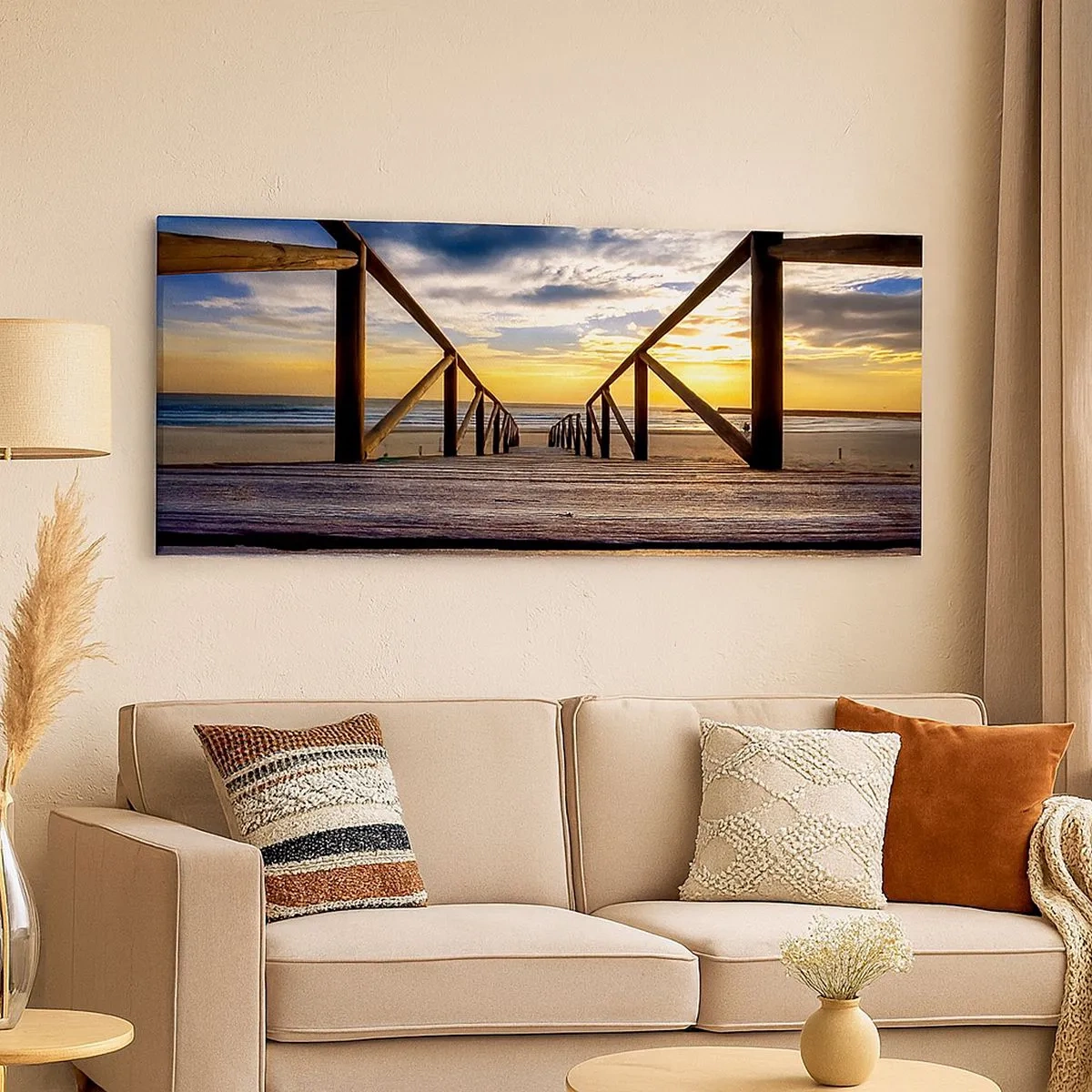 Bild auf Leinwand - Leinwandbild - Direkt zum ruhigen Strand bei Sonnenuntergang - 100x40 cm