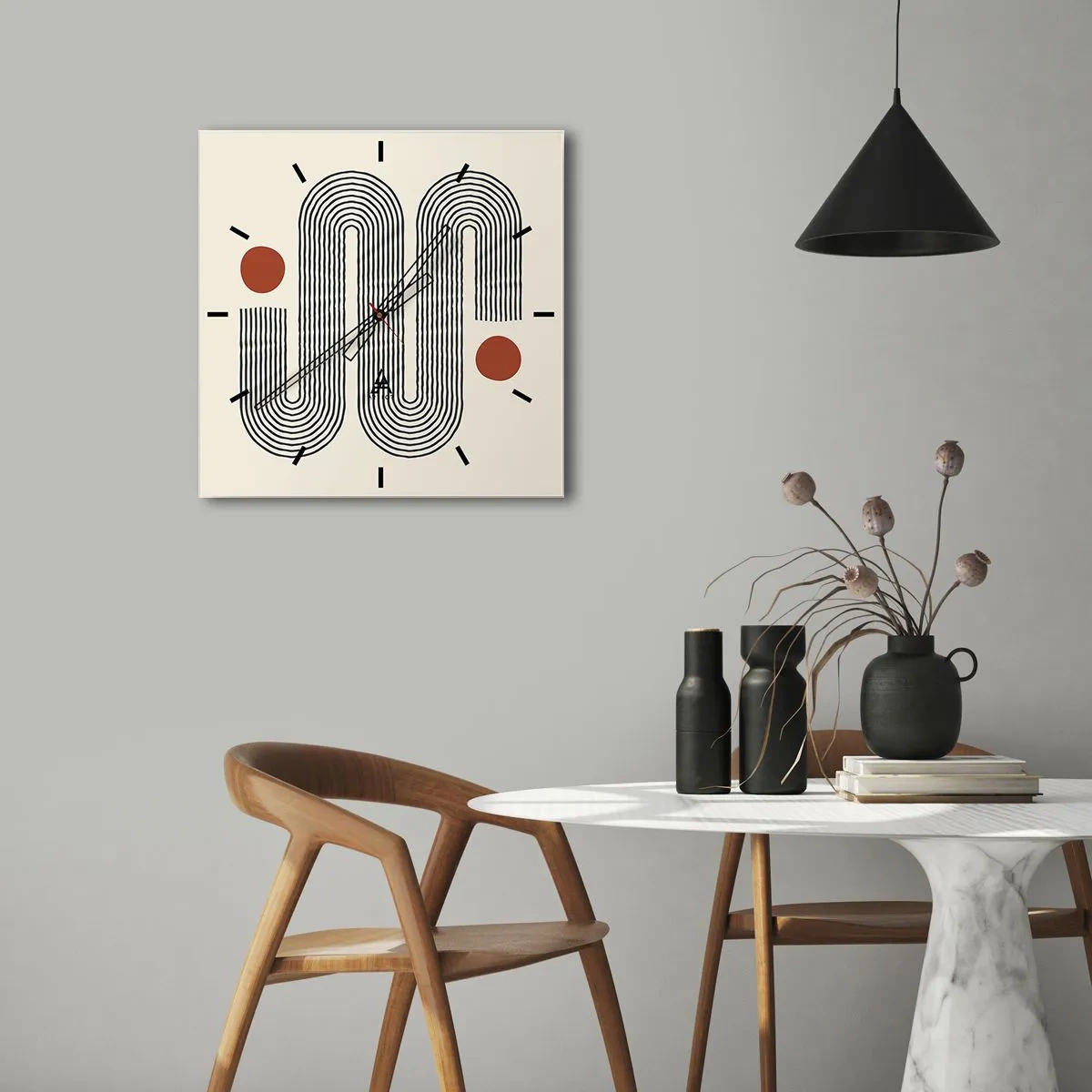 Wanduhr - Glasuhr - Geometrisches Muster mit Linien und orangefarbenen Kreisen - 30x30cm - Vom Anfang bis zum Ende - Moderne Wanddekoration für Wohnzimmer und Schlafzimmer ARTTOR