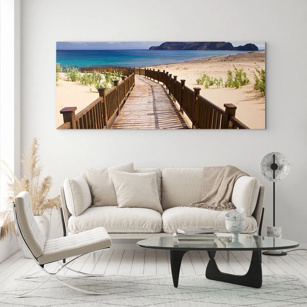 Glasbild - Bild auf glas - Holzweg zum Strand mit Meerblick - 140x50cm - Bring mich zu den glücklichen Inseln - Moderne Wanddekoration für Wohnzimmer und Schlafzimmer ARTTOR