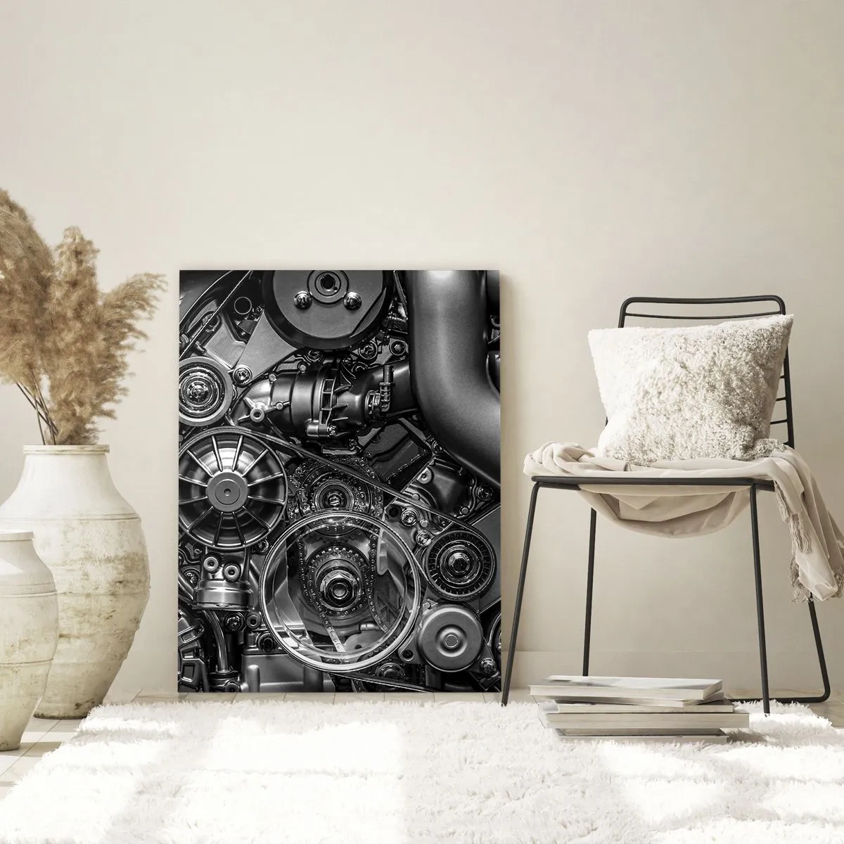 Glasbild - Bild auf glas - Detail eines schwarz-weißen Motors mit sichtbaren Mechanismen - 50x70cm - Die Poesie der Mechanik - Moderne Wanddekoration für Wohnzimmer und Schlafzimmer ARTTOR