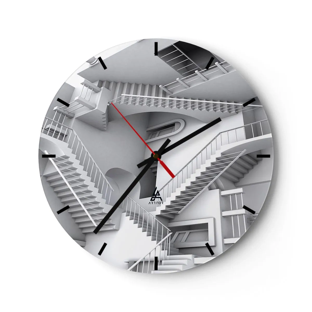 Wanduhr - Glasuhr - Abstraktes Treppenlabyrinth in monochromen Farbtönen - 30x30cm - Die Paradoxien des Weltraums - Moderne Wanddekoration für Wohnzimmer, Küche und Schlafzimmer ARTTOR