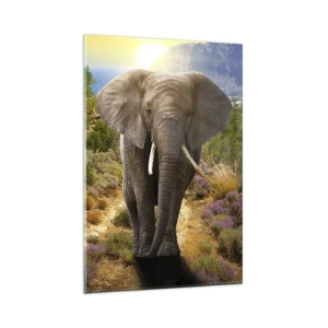 Glasbild - Bild auf glas - Ein afrikanischer Elefant vor einer Savannen- und Berglandschaft - 80x120cm - So sah Eden aus - Moderne Wanddekoration für Wohnzimmer und Schlafzimmer ARTTOR