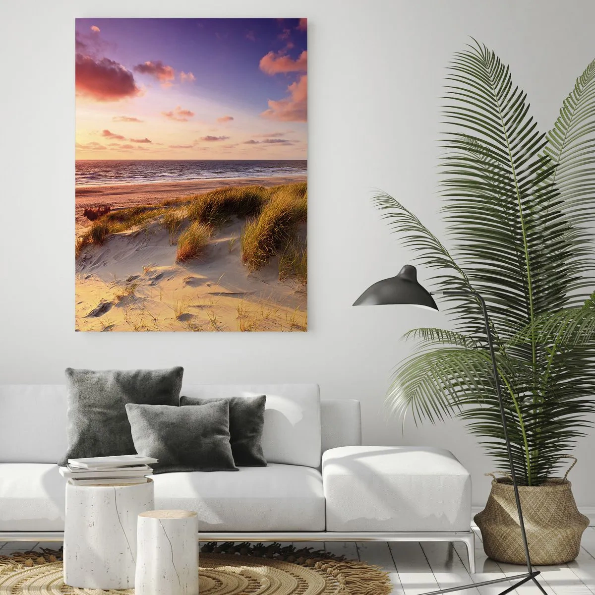 Glasbild - Bild auf glas - Ein grasbewachsener Strand und ein Sonnenuntergang über einem ruhigen Meer - 80x120cm - Die Luft riecht schon im Sommer - Moderne Wanddekoration für Wohnzimmer und Schlafzimmer ARTTOR