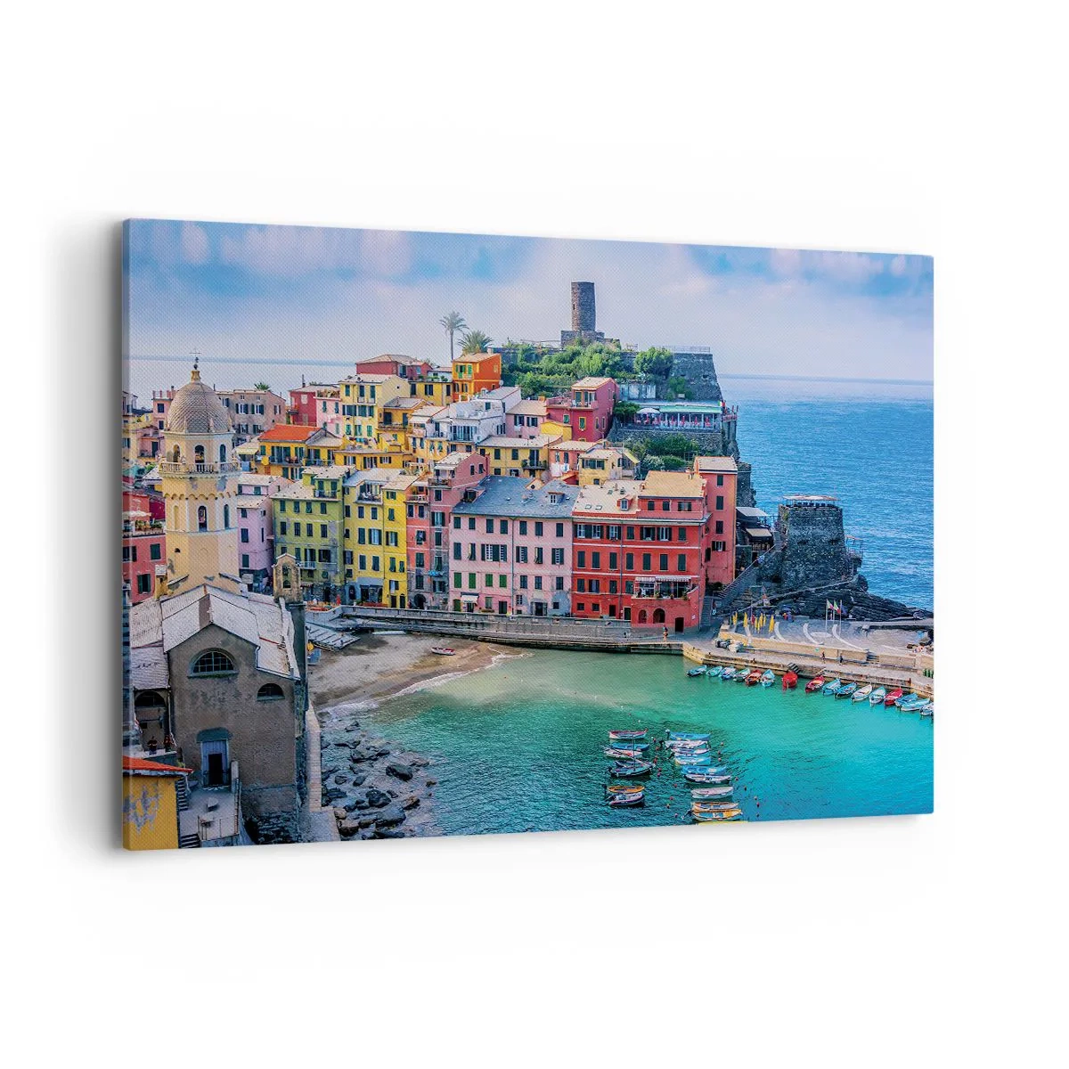 Bild auf Leinwand - Leinwandbild - Eine farbenfrohe Küstenstadt mit einem malerischen Hafen - 120x80cm - Mediterrane Zauberstadt - Moderne Wanddekoration für Wohnzimmer und Schlafzimmer ARTTOR