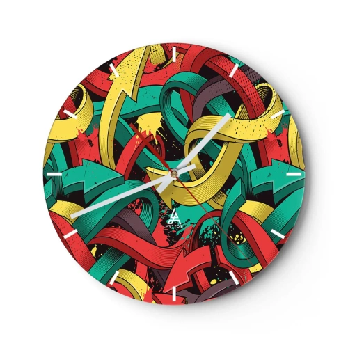 Wanduhr - Glasuhr - Bunte Pfeile im dynamischen Comic-Stil - 30x30cm - Welcher Weg zum Ziel? - Moderne Wanddekoration für Wohnzimmer, Küche und Schlafzimmer ARTTOR