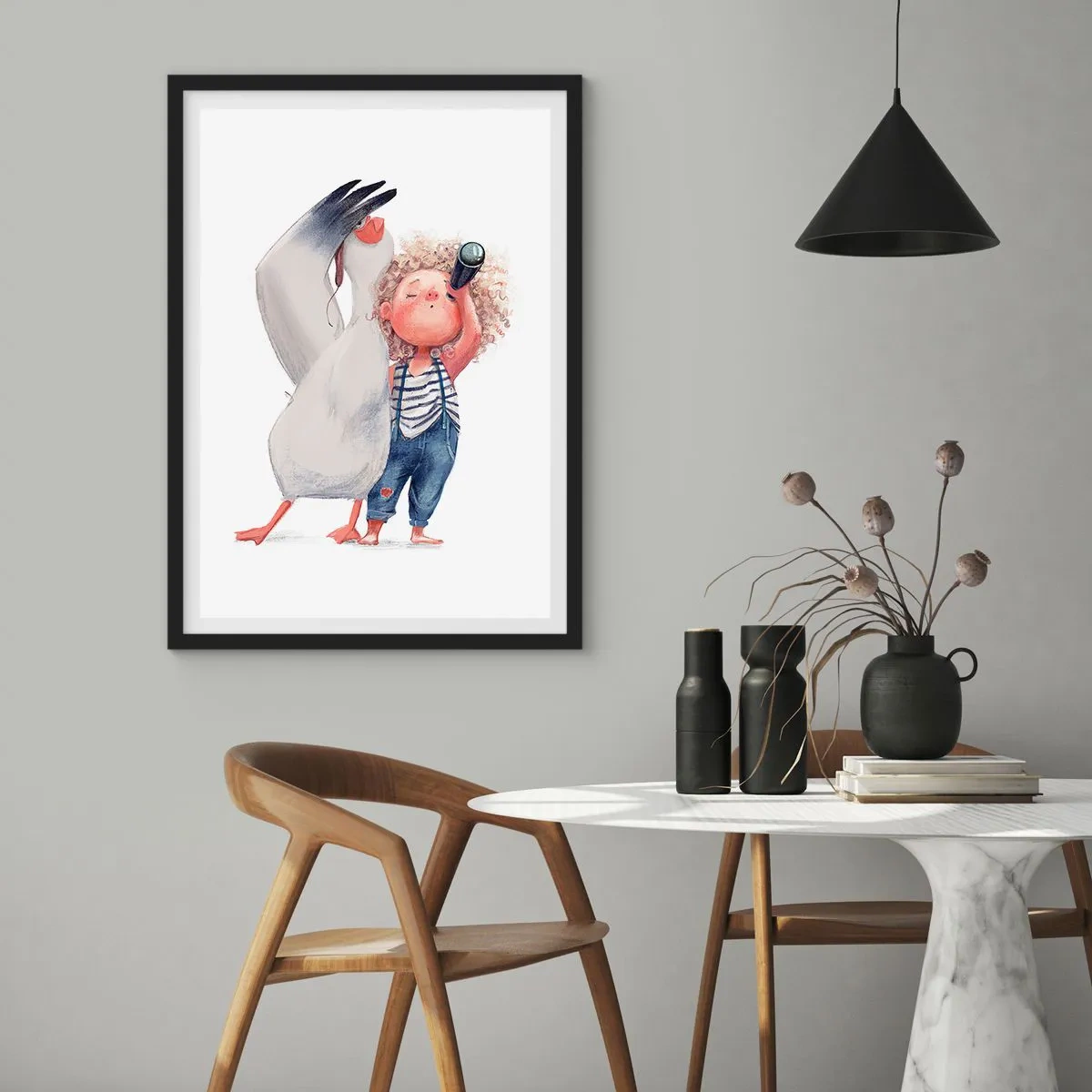 Poster in einem schwarzem Rahmen - Illustration eines Kindes mit Fernglas und einem Vogel, der es begleitet - 50x70cm - Toller Reiseplan - Moderne Wanddekoration für Wohnzimmer und Schlafzimmer ARTTOR