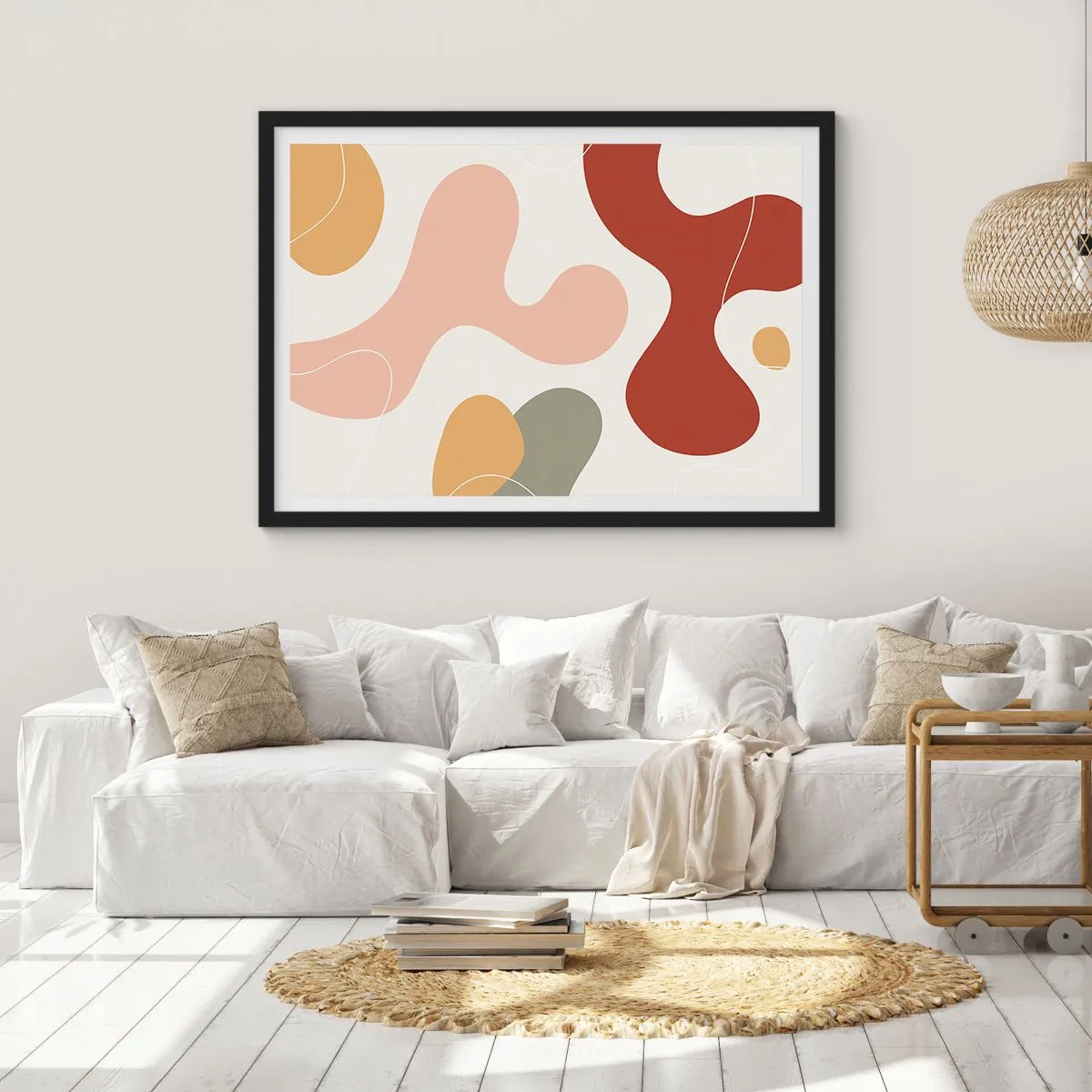 Poster in einem schwarzem Rahmen - Eine abstrakte Komposition in Pastelltönen mit dynamischen Formen. - 70x50cm - Kringel oder Schnörkel? - Moderne Wanddekoration für Wohnzimmer und Schlafzimmer ARTTOR