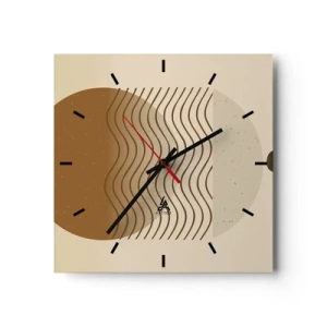 Wanduhr - Glasuhr - Geometrische Abstraktion mit Kreisen und Wellenlinien in warmen Farben. - 30x30cm - Zur Entstehung geometrischer Figuren - Moderne Wanddekoration für Wohnzimmer und Schlafzimmer ARTTOR