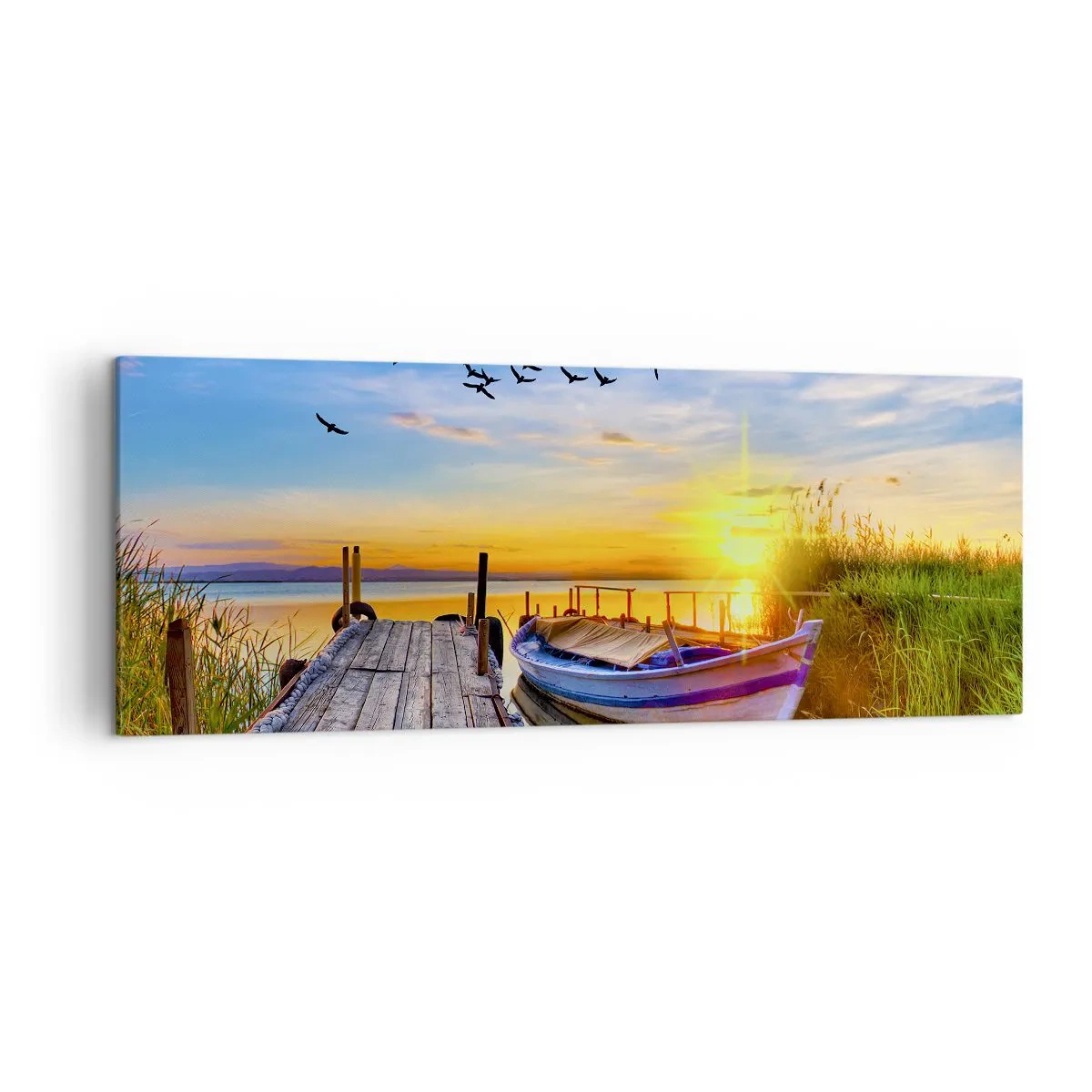 Bild auf Leinwand - Leinwandbild - Ein Boot an einem Holzsteg bei Sonnenuntergang - 140x50cm - Bis morgen - Moderne Wanddekoration für Wohnzimmer und Schlafzimmer ARTTOR