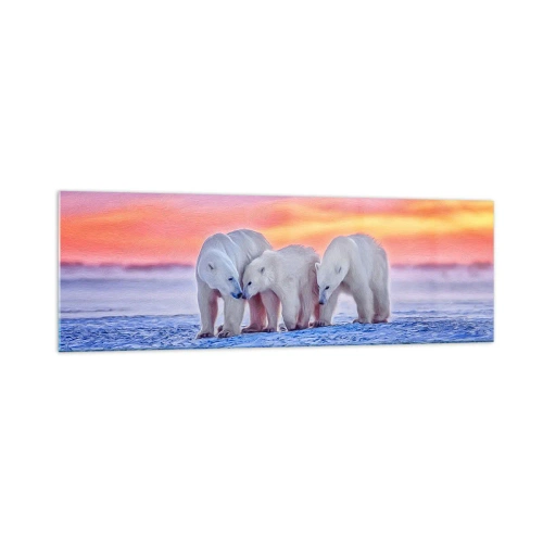 Glasbild - Bild auf glas - Drei Eisbären vor dem Hintergrund eines arktischen Sonnenuntergangs - 160x50cm - Familienwärme ist genug - Moderne Wanddekoration für Wohnzimmer und Schlafzimmer ARTTOR